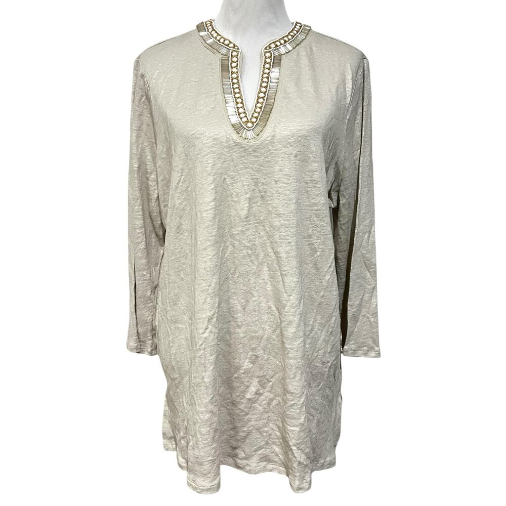 NWT Chico's Size 3 XL Linen Easy Tunic Beaded Split Neck 3/4 Sleeve Top Beige